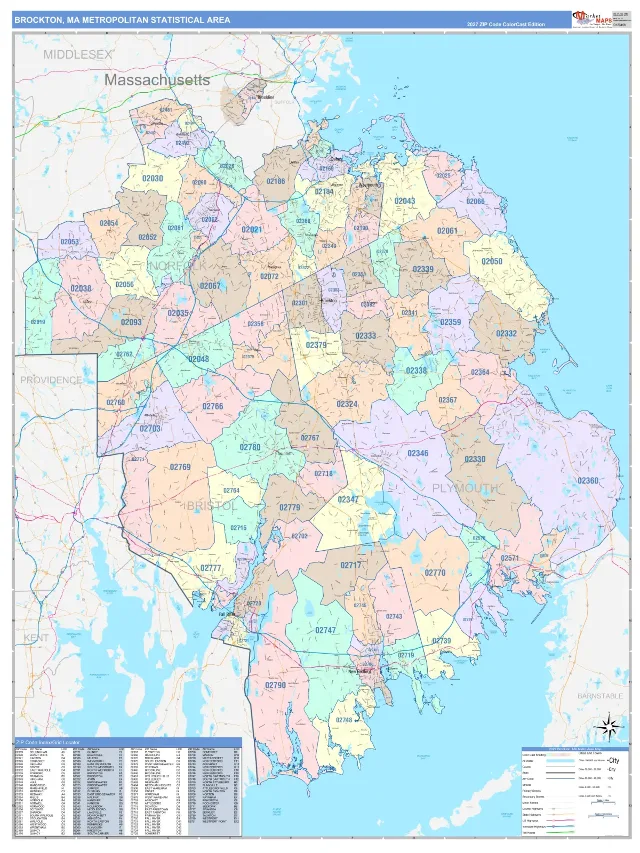 Brockton Metro Area ZIP Code Wall Map, ColorCast style