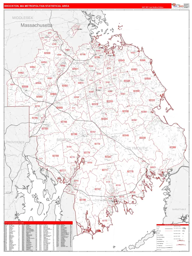 Brockton Metro Area ZIP Code Wall Map, RedLine style