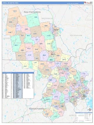 Lowell Metro Area ColorCast style ZIP Code wall map