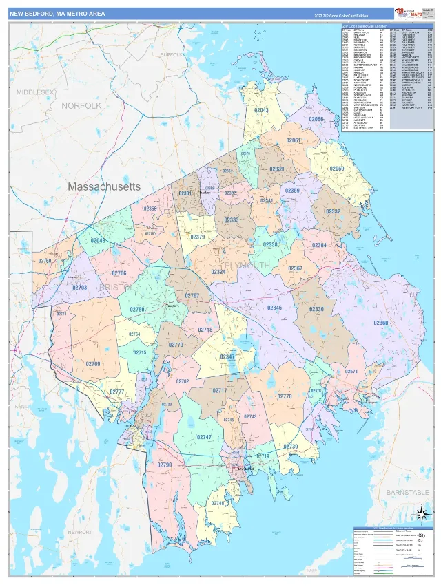 New Bedford Metro Area ZIP Code Wall Map, ColorCast style