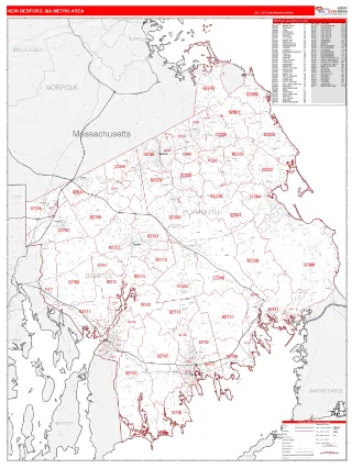 New Bedford Metro Area RedLine style ZIP Code wall map