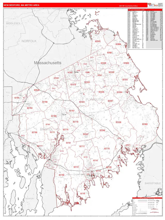 New Bedford Metro Area ZIP Code Wall Map, RedLine style