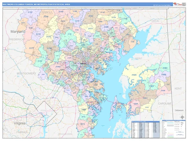 Baltimore-Columbia-Towson Metro Area ZIP Code Wall Map, ColorCast style