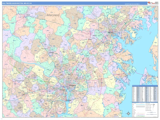 Baltimore-Washington Metro Area ZIP Code Wall Map, ColorCast style