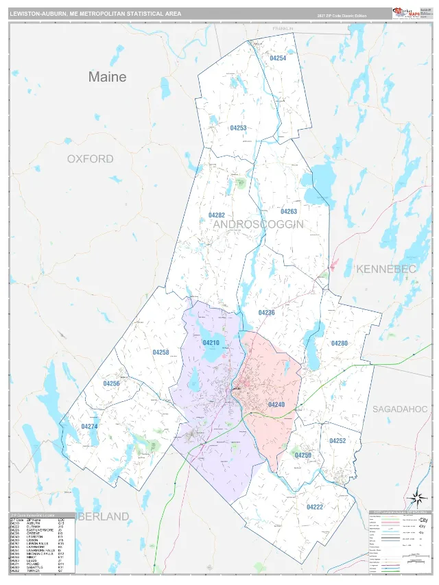 Lewiston-Auburn Metro Area ZIP Code Wall Map, Classic style