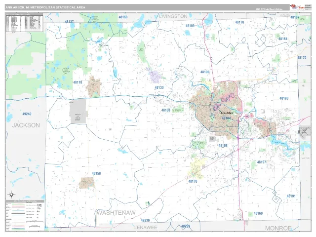 Ann Arbor Metro Area ZIP Code Wall Map, Classic style