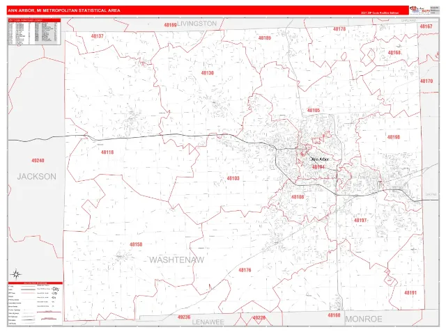 Ann Arbor Metro Area ZIP Code Wall Map, RedLine style