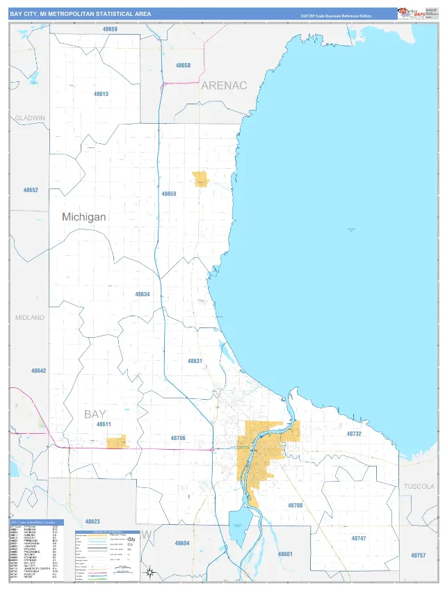 Bay City Metro Area ZIP Code Wall Map, Business Reference style