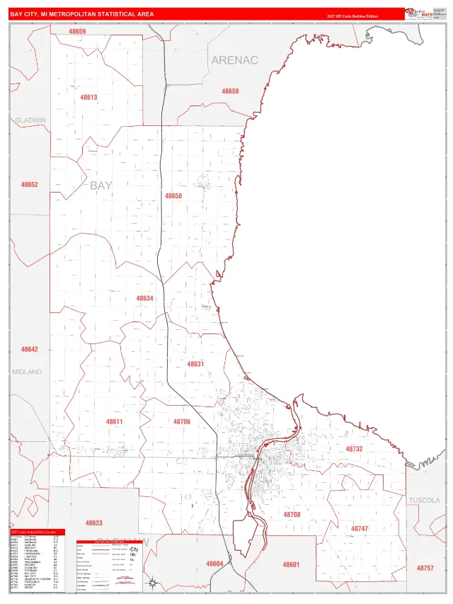 Bay City Metro Area ZIP Code Wall Map, RedLine style