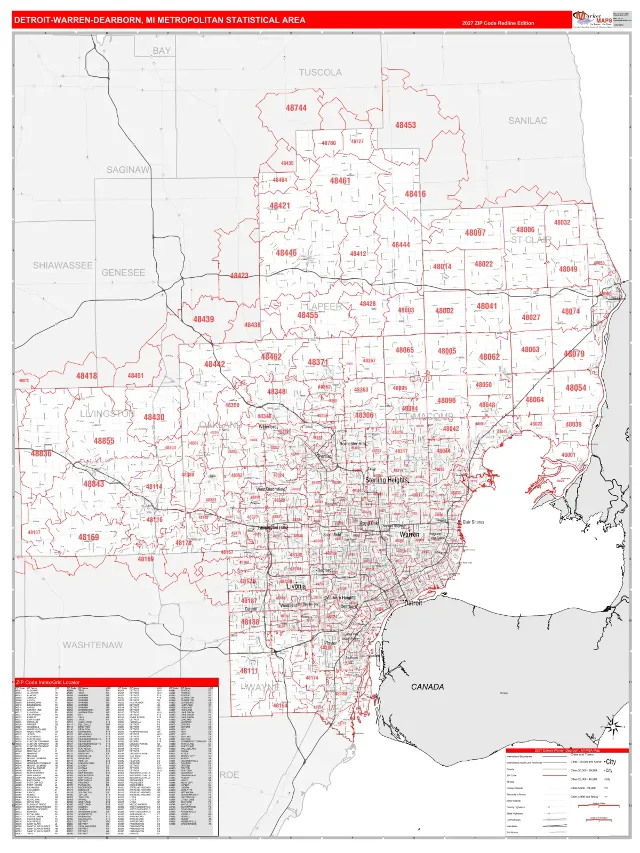 Detroit-Warren-Dearborn Metro Area ZIP Code Wall Map, RedLine style