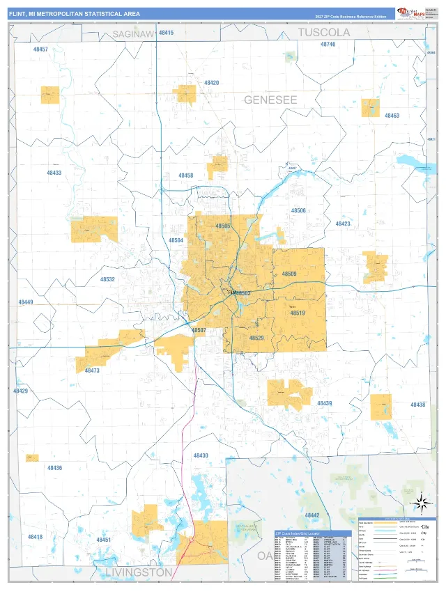 Flint Metro Area ZIP Code Wall Map, Business Reference style