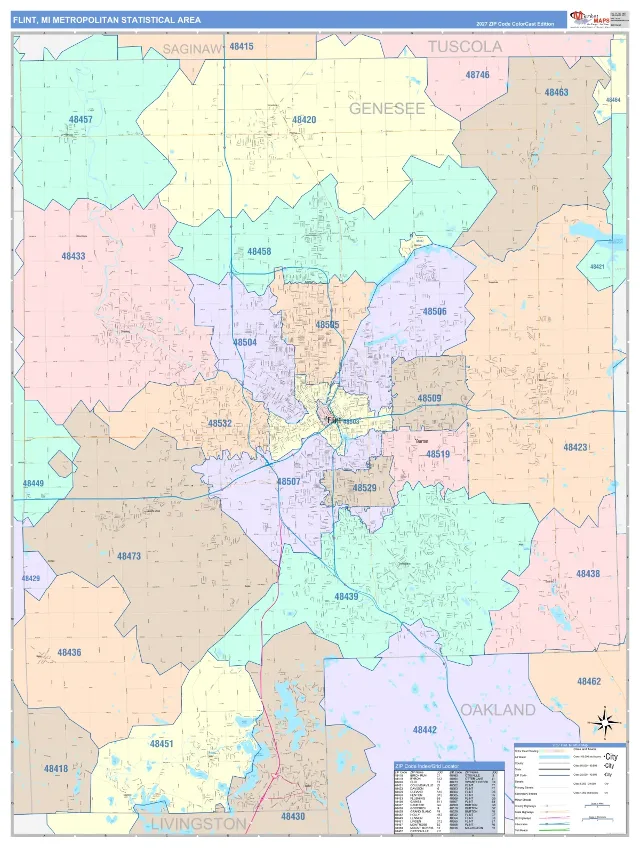 Flint Metro Area ZIP Code Wall Map, ColorCast style
