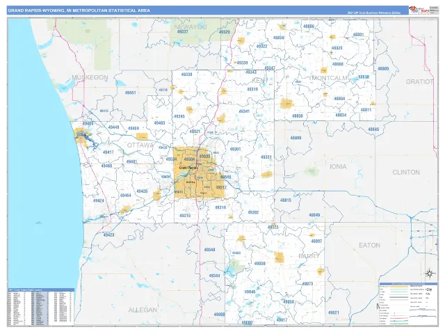 Grand Rapids-Wyoming Metro Area ZIP Code Wall Map, Business Reference style