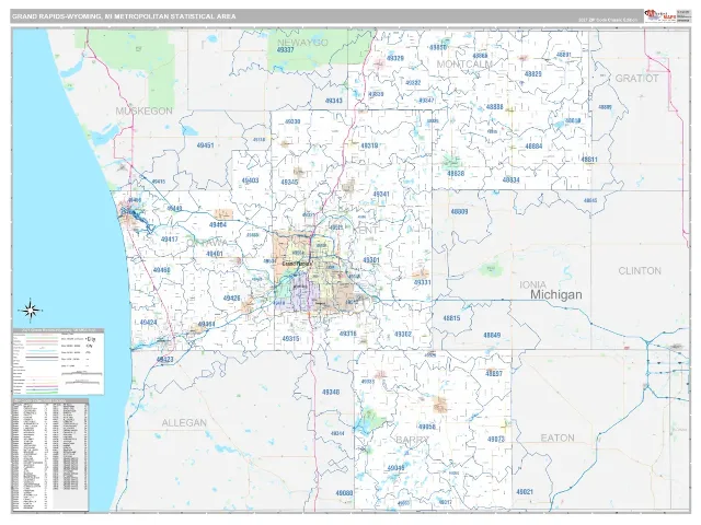 Grand Rapids-Wyoming Metro Area ZIP Code Wall Map, Classic style