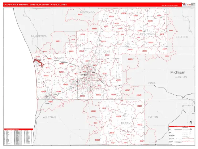 Grand Rapids-Wyoming Metro Area ZIP Code Wall Map, RedLine style