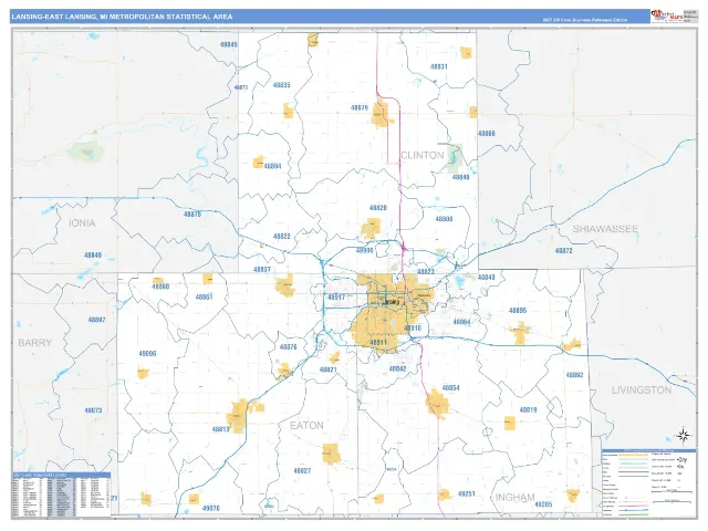 Lansing-East Lansing Metro Area ZIP Code Wall Map, Business Reference style