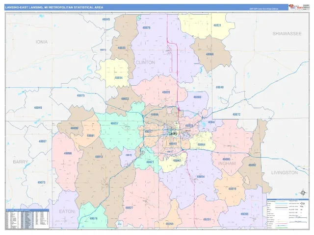 Lansing-East Lansing Metro Area ZIP Code Wall Map, ColorCast style