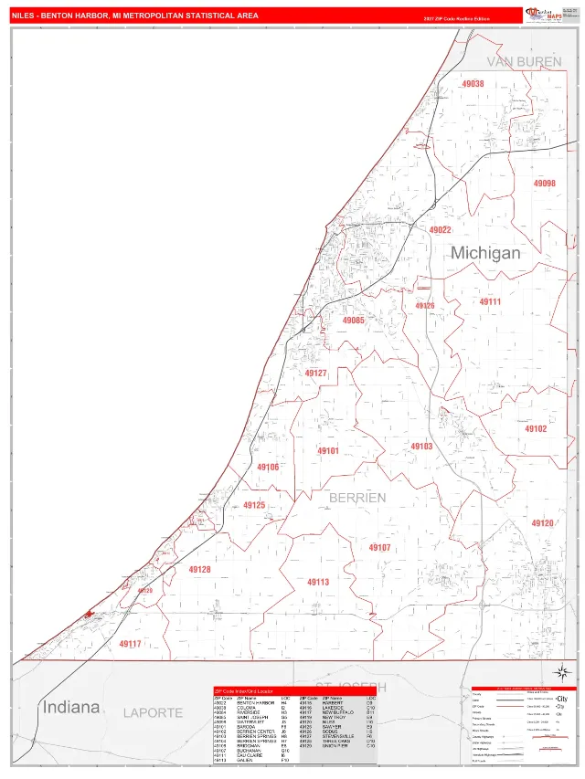 Niles-Benton Harbor Metro Area ZIP Code Wall Map, RedLine style