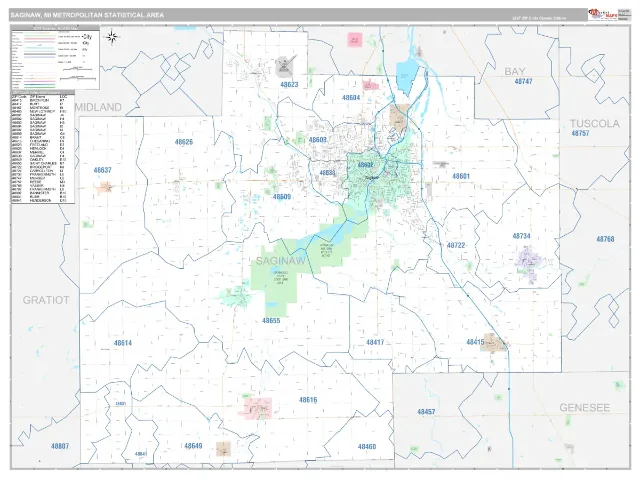 Saginaw Metro Area ZIP Code Wall Map, Classic style