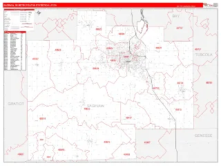 Saginaw Metro Area RedLine style ZIP Code wall map