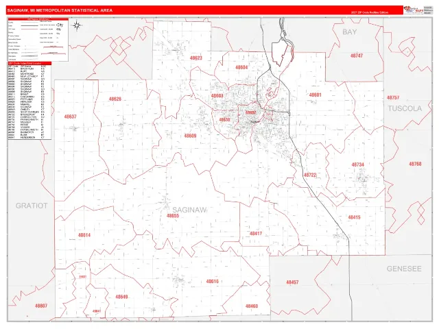 Saginaw Metro Area ZIP Code Wall Map, RedLine style