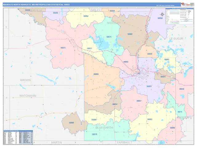 Mankato-North Mankato Metro Area ZIP Code Wall Map, ColorCast style