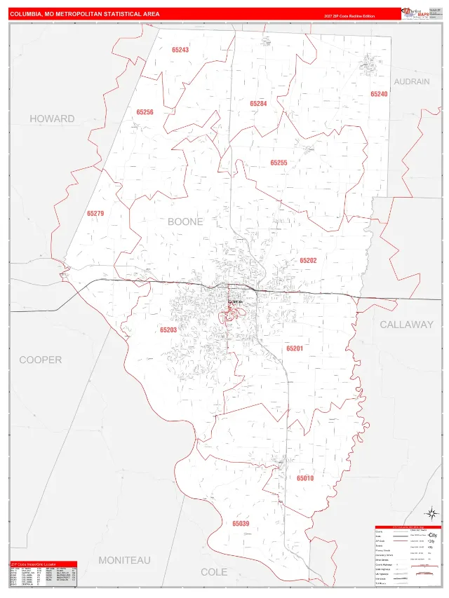 Columbia Metro Area ZIP Code Wall Map, RedLine style