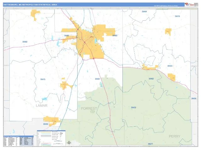 Hattiesburg Metro Area ZIP Code Wall Map, Business Reference style