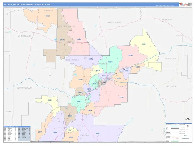 Billings Metro Area ZIP Code Wall Map, ColorCast style