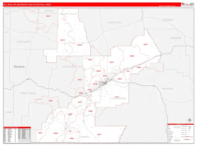 Billings Metro Area ZIP Code Wall Map, RedLine style