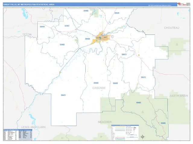 Great Falls Metro Area ZIP Code Wall Map, Business Reference style