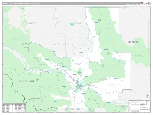 Missoula Metro Area ZIP Code Wall Map, Classic style
