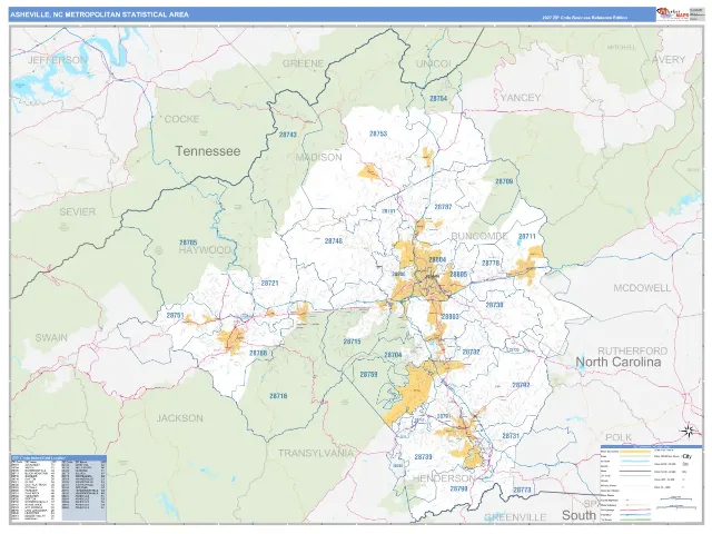 Asheville Metro Area ZIP Code Wall Map, Business Reference style