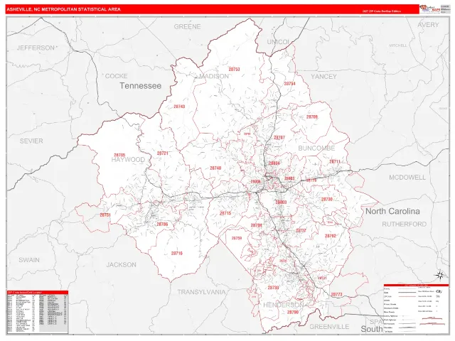Asheville Metro Area ZIP Code Wall Map, RedLine style
