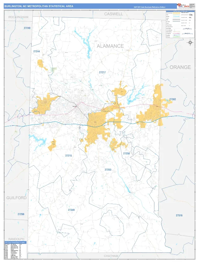 Burlington Metro Area ZIP Code Wall Map, Business Reference style