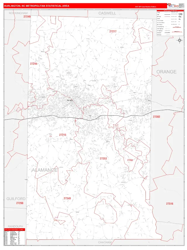 Burlington Metro Area ZIP Code Wall Map, RedLine style