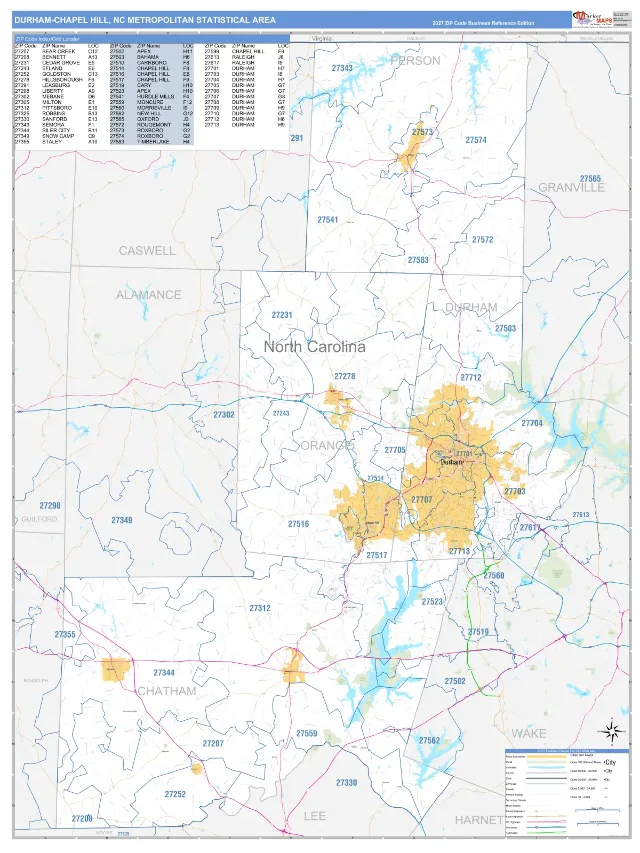 Durham-Chapel Hill Metro Area ZIP Code Wall Map, Business Reference style