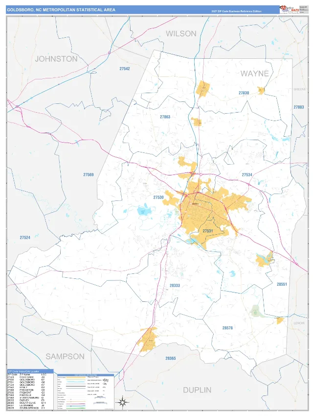 Goldsboro Metro Area ZIP Code Wall Map, Business Reference style
