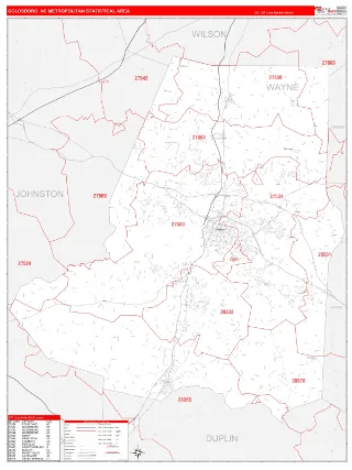 Goldsboro Metro Area RedLine style ZIP Code wall map
