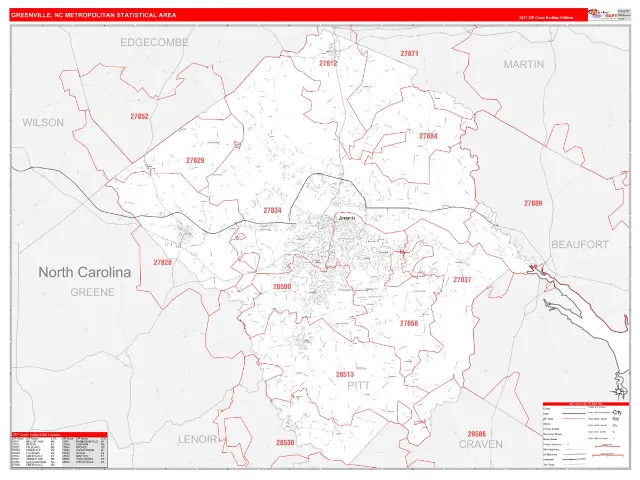 Greenville Metro Area ZIP Code Wall Map, RedLine style