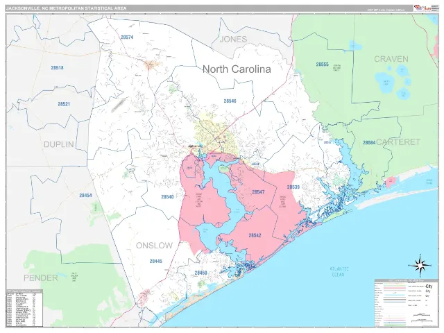 Jacksonville Metro Area ZIP Code Wall Map, Classic style