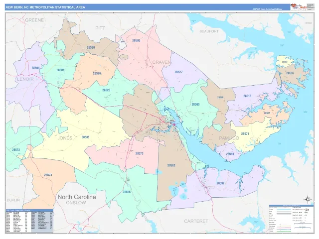 New Bern Metro Area ZIP Code Wall Map, ColorCast style