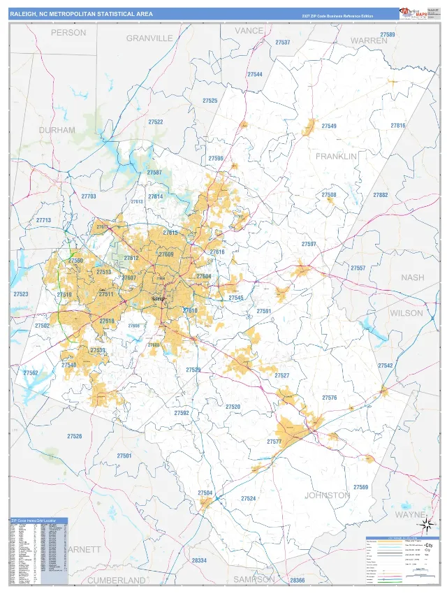 Raleigh Metro Area ZIP Code Wall Map, Business Reference style