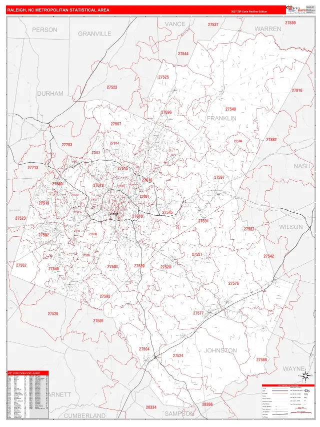 Raleigh Metro Area ZIP Code Wall Map, RedLine style