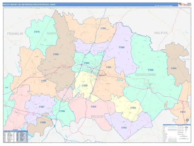 Rocky Mount Metro Area ZIP Code Wall Map, ColorCast style