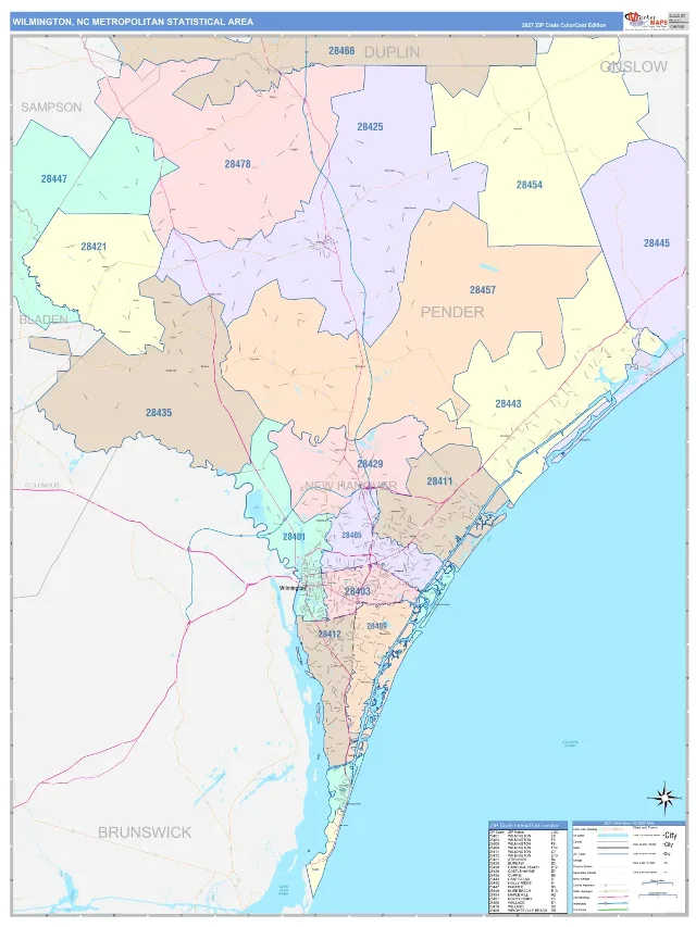 Wilmington Metro Area ZIP Code Wall Map, ColorCast style