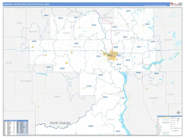Bismarck Metro Area ZIP Code Wall Map, Business Reference style