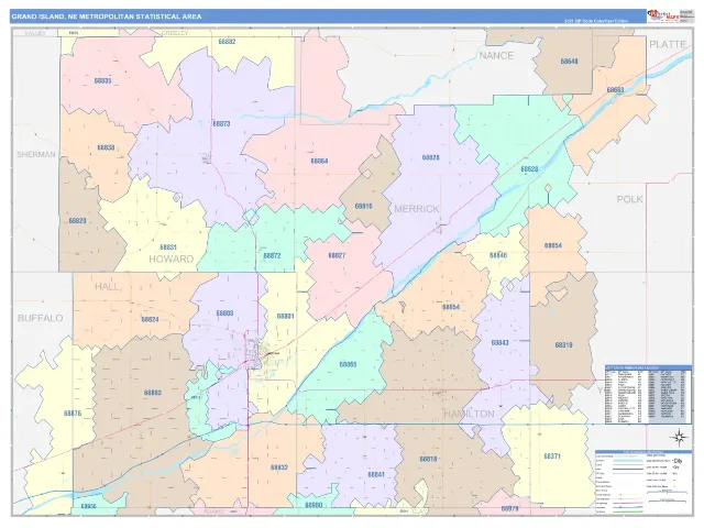 Grand Island Metro Area ZIP Code Wall Map, ColorCast style