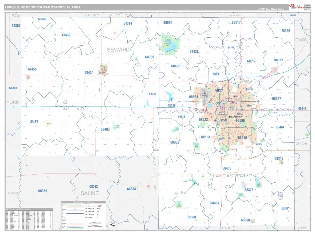 Lincoln Metro Area ZIP Code Wall Map, Classic style