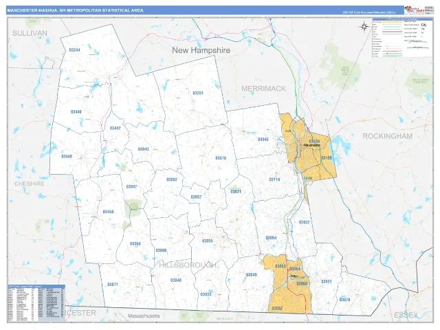 Manchester-Nashua Metro Area ZIP Code Wall Map, Business Reference style